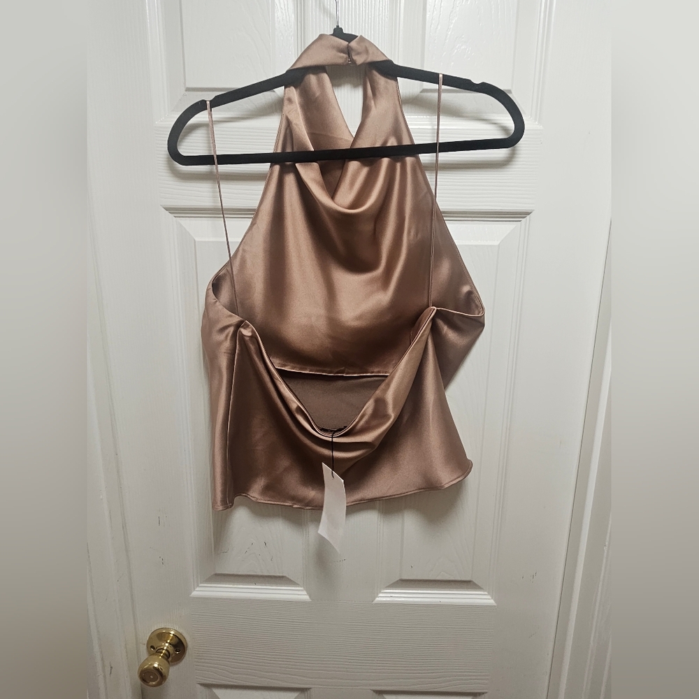 ZARA Brown Satin Halter Top Size L Sleeveless High Neck NWT - Picture 4 of 7